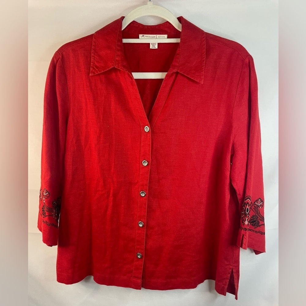 100% linen red and embroidered button down blouse with 3/4 sleeves.